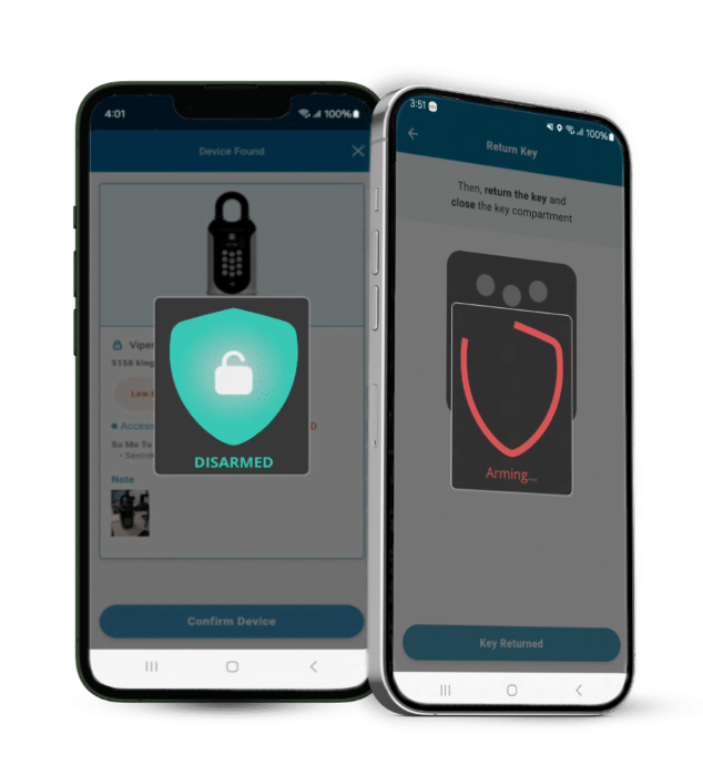 Mobile phones displaying alarm integration within the key safe access mobile app: disarmed and arming the alarm